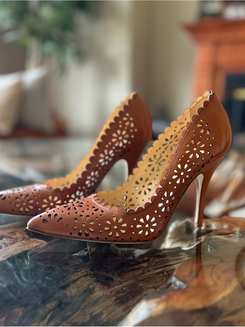 kate spade Brown Scalloped Laser-Cut Leather Pumps